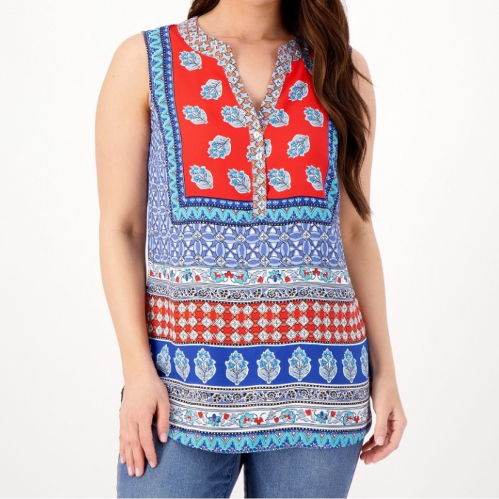 Susan Graver Women's Sleeveless 3XL Boho Printed Woven Multi-colored Tunic Top